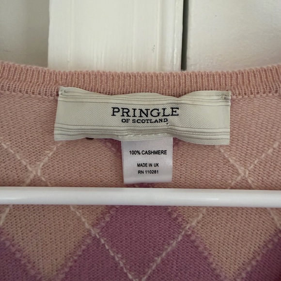 Pringle Of Scotland 100% Cashmere Pink Argyle Crew Neck Sweater Women S Preppy - Picture 4 of 8